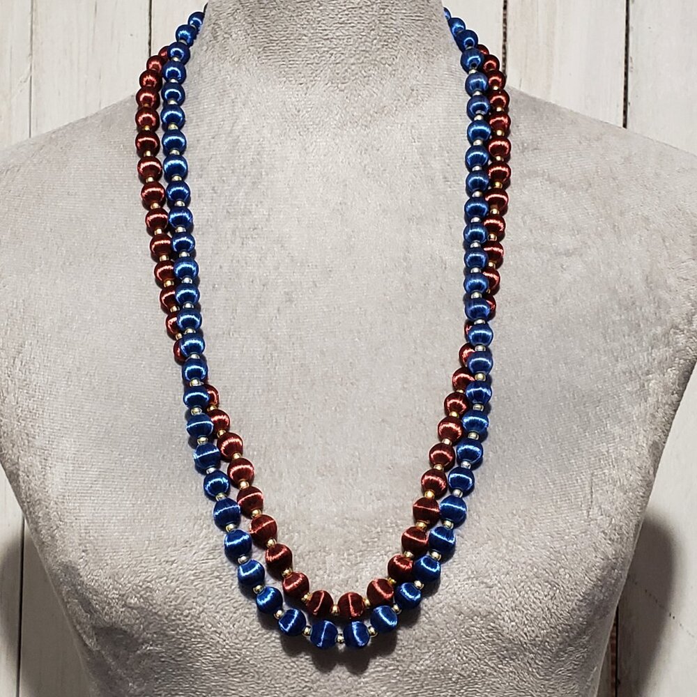 VTG Bead Necklaces Set of 2 Blue Burgundy Silk Satin Wrapped Boho Retro Glam Mod
